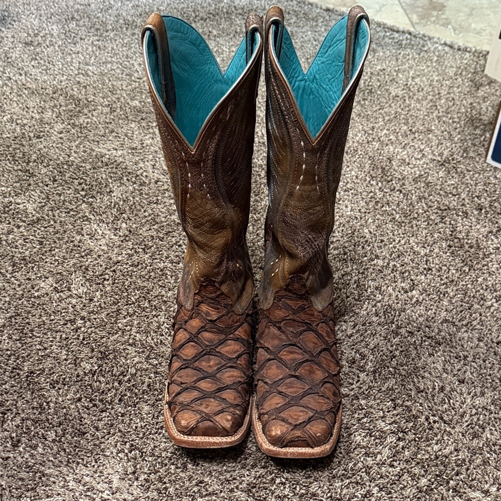 Ariat Brown and Teal Western Cowboy Big Bass Exotic Boots